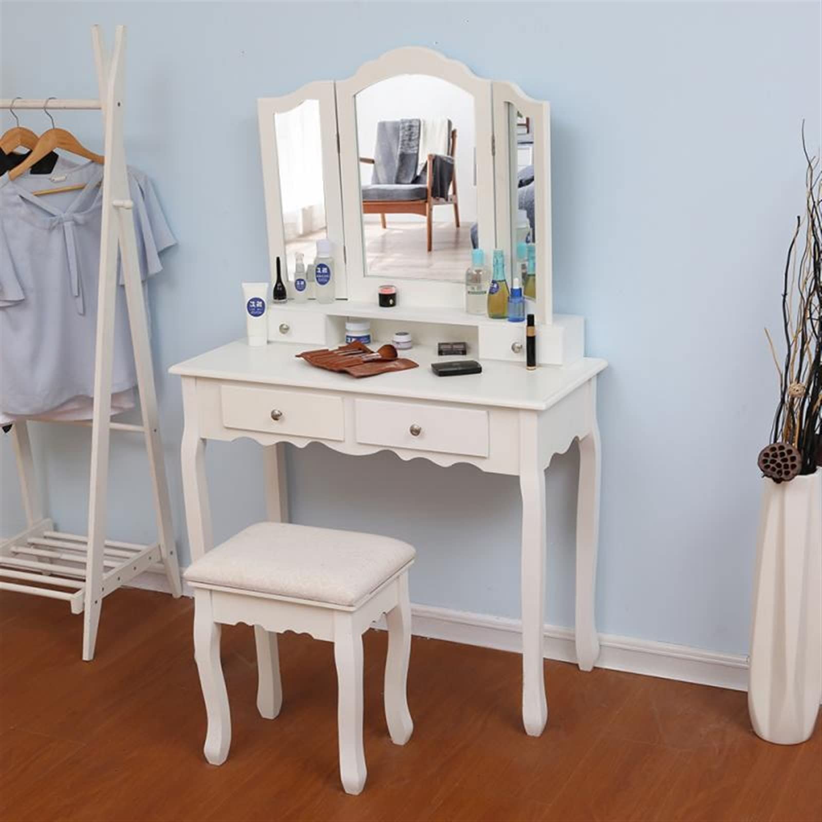Specchio da trucco con contenitore, elegante consolle per camera da letto e soggiorno, perfetto per vestirsi e esporre accessori