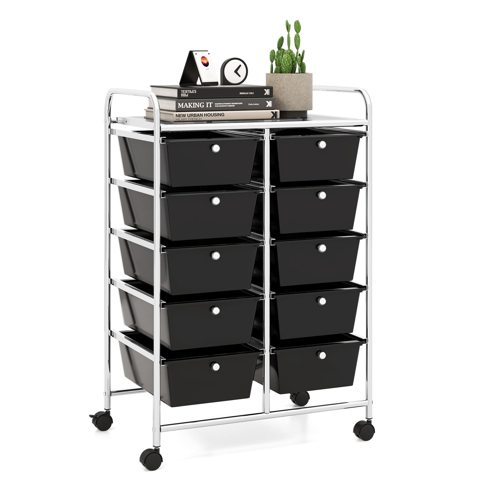 LDAILY 10 Drawer Rolling Cart, Storage Cart Organizer on Wheels, Drawer Cart with Metal Frame &amp; Large Storage Capacity, Rolling Cart with Drawers for Living Room Classroom, Office