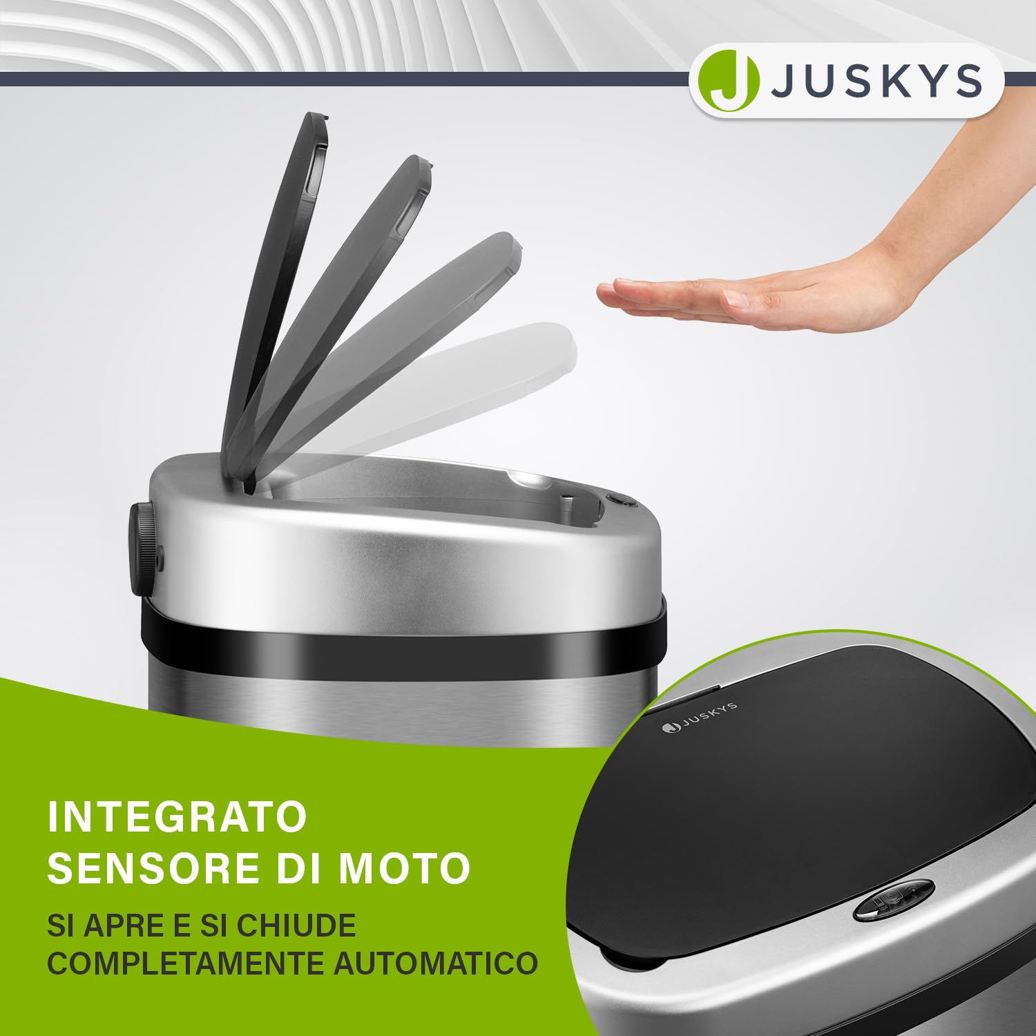 Juskys cestino elettrico e impermeabile da cucina con sensore di movimento, coperchio automatico, forma rettangolare - 50 L - Argento