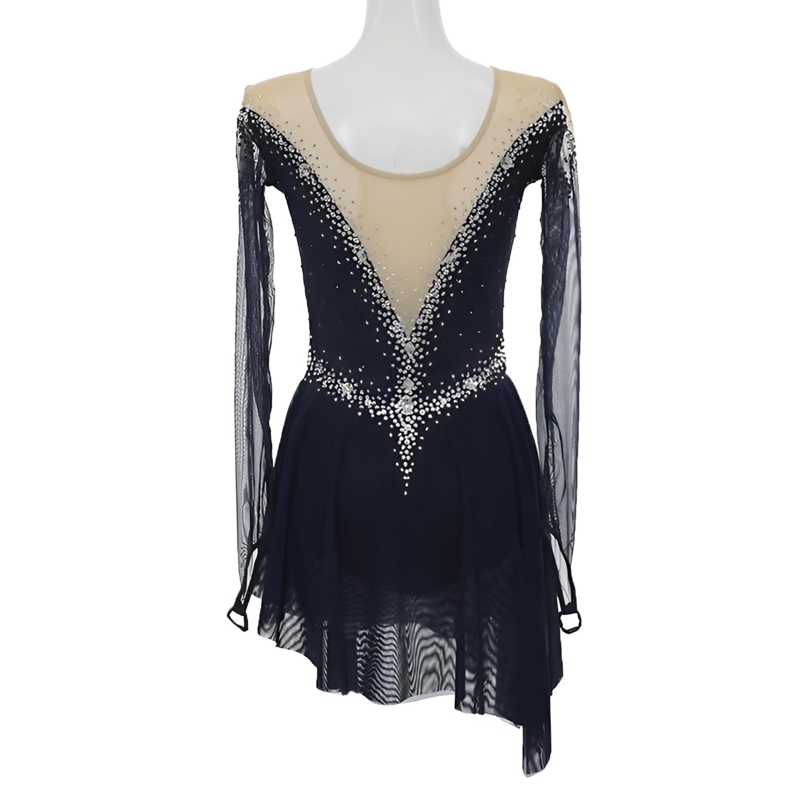 Costume Da Pattinaggio Di Figura Con Maniche Lunghe In Rete, Strass, Prestazioni Da Competizione, Costume Da Pattinaggio Su Ghiaccio For Donna