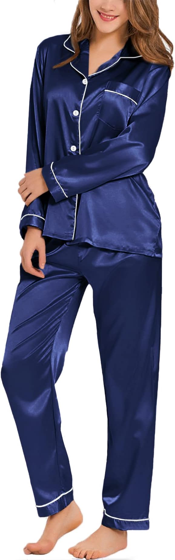 – Women's Pyjama Set Silk Satin Long Sleeve Button Down Pyjamas Two Piece Comfy Sleepwear and Loungewear Set