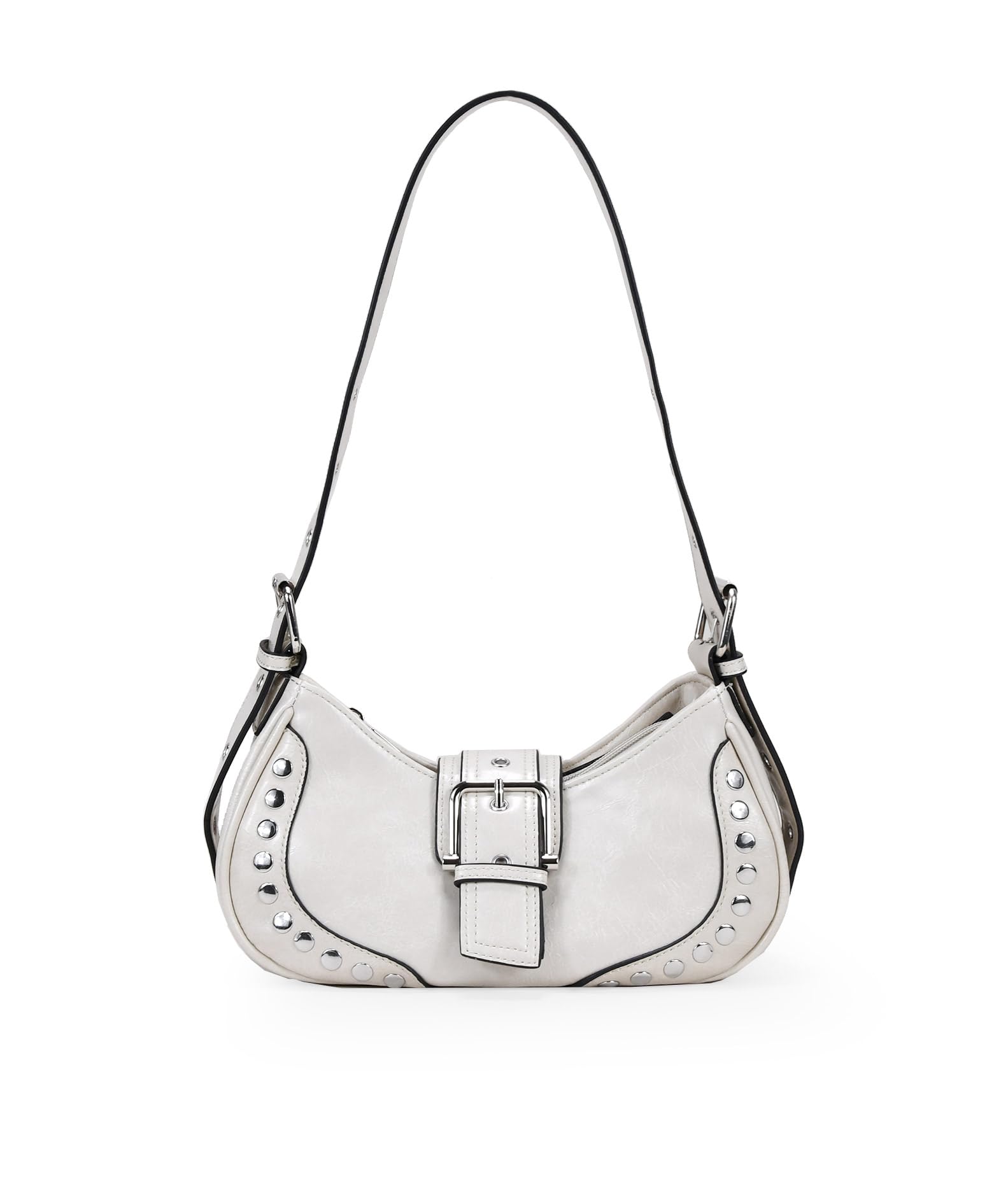 BOSANOVA Bolso de Hombro Color Blanco Efecto Charol con Detalle de Solapa con Hebilla y tachas metálicas. Asa de Hombro Regulable y Cierre con Cremallera. Blanco U