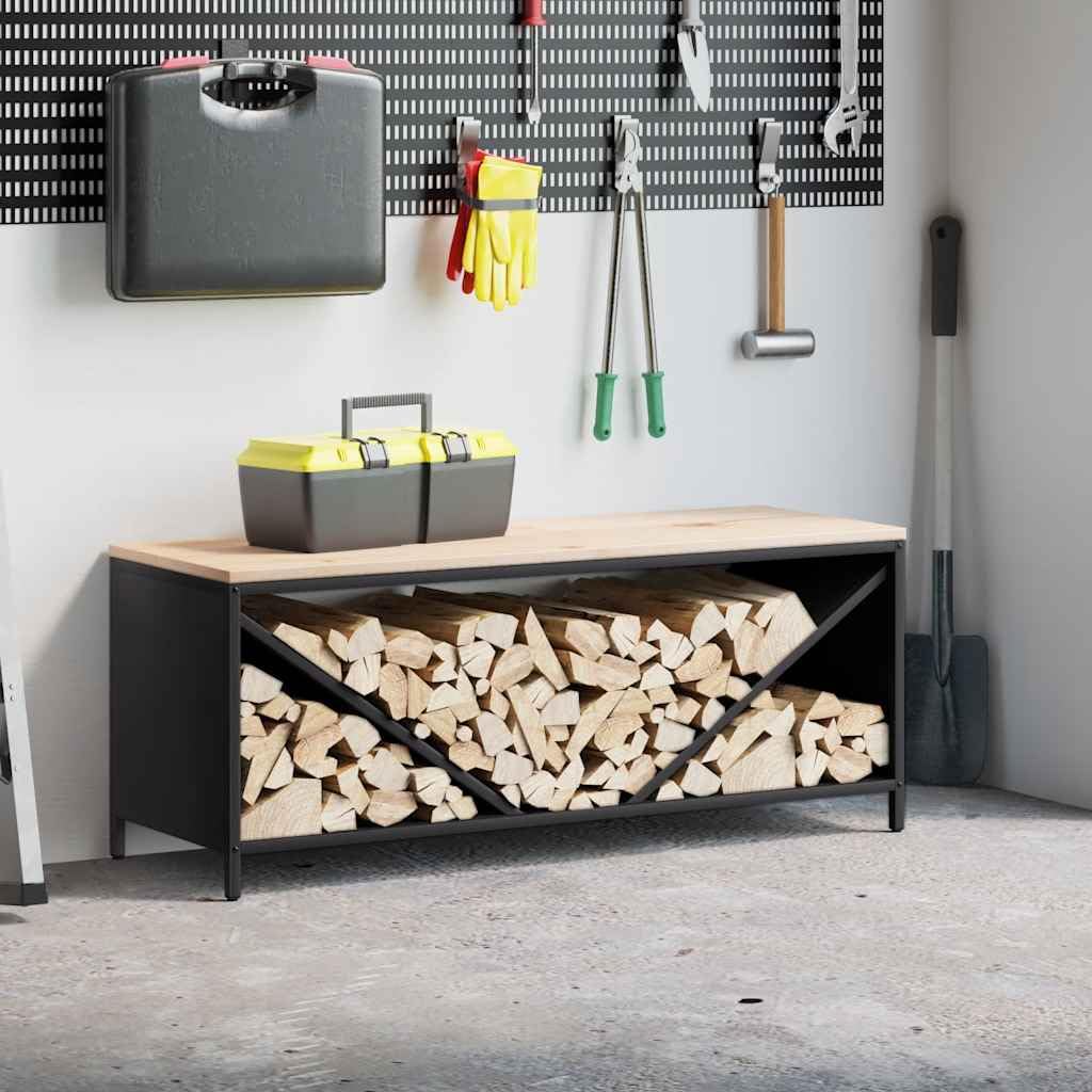 Brennholzregal mit Holzplatte Schwarz, Kaminholzregal aus kaltgewalztem Stahl und Kiefernholz, 100,5 x 35,5 x 40 cm, 100 kg Traglast, für Innenbereich, Wohnzimmer, Kamin und Ofen