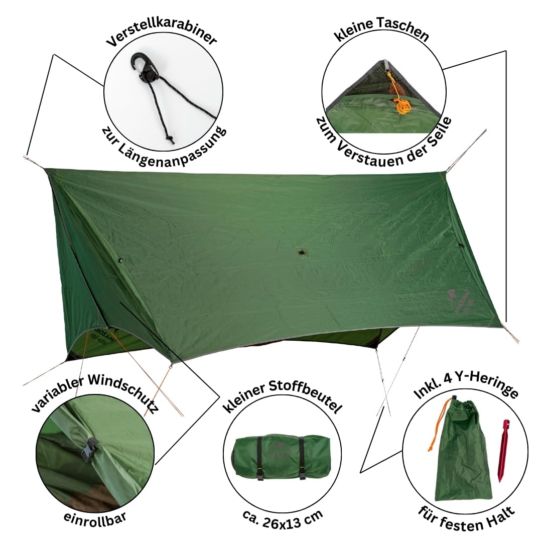 AMAZONAS Wing Tarp – Ultraleichtes Hängematten-Tarp mit variablem Rundum-Windschutz | 950 g | Ideal für Outdoor-Camping