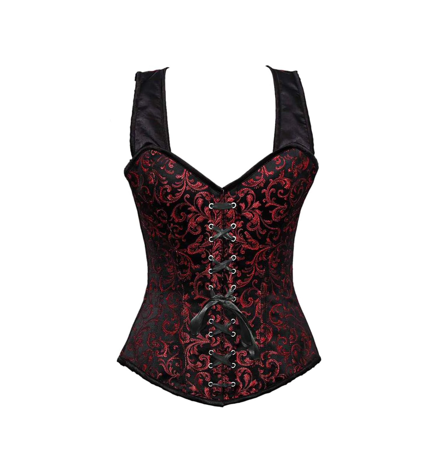 CorsetStreet Womens Red and Black Brocade With Shoulder Strap Steampunk Overbust Corset Bustier Top