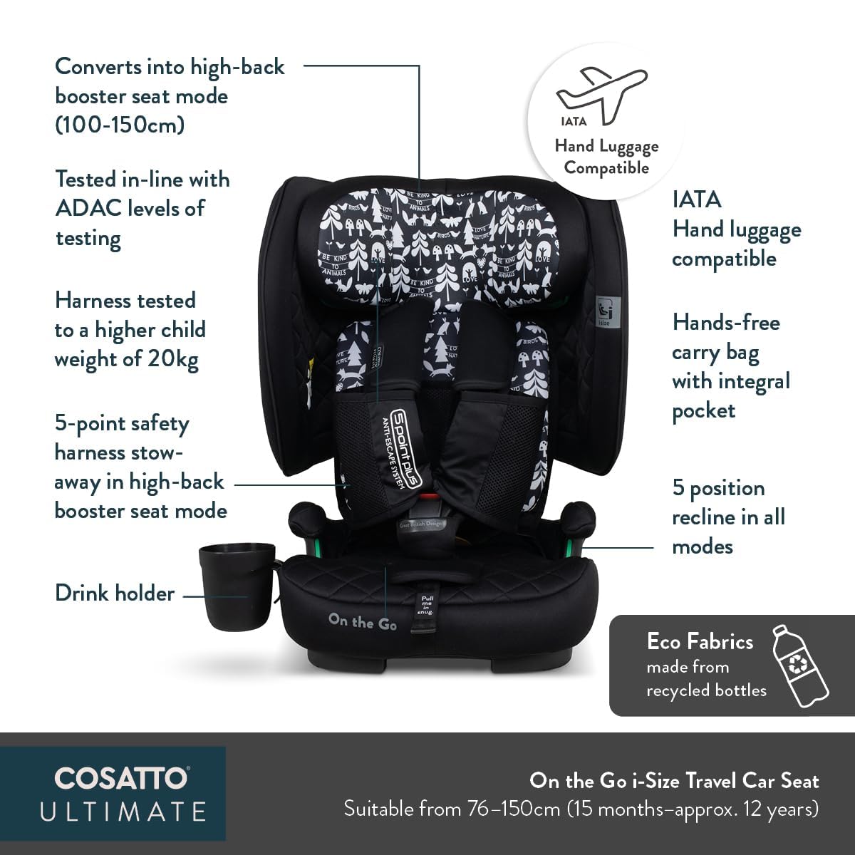 Cosatto On The Go faltbarer Reise-Kindersitz | Gruppe 1 2 3 tragbarer Kindersitz – ab 15 Monaten bis 12 Jahren | ultra-kompaktes – ISOFIX mit Top Tether i-Size R129 Sicherheit (Silhouette)