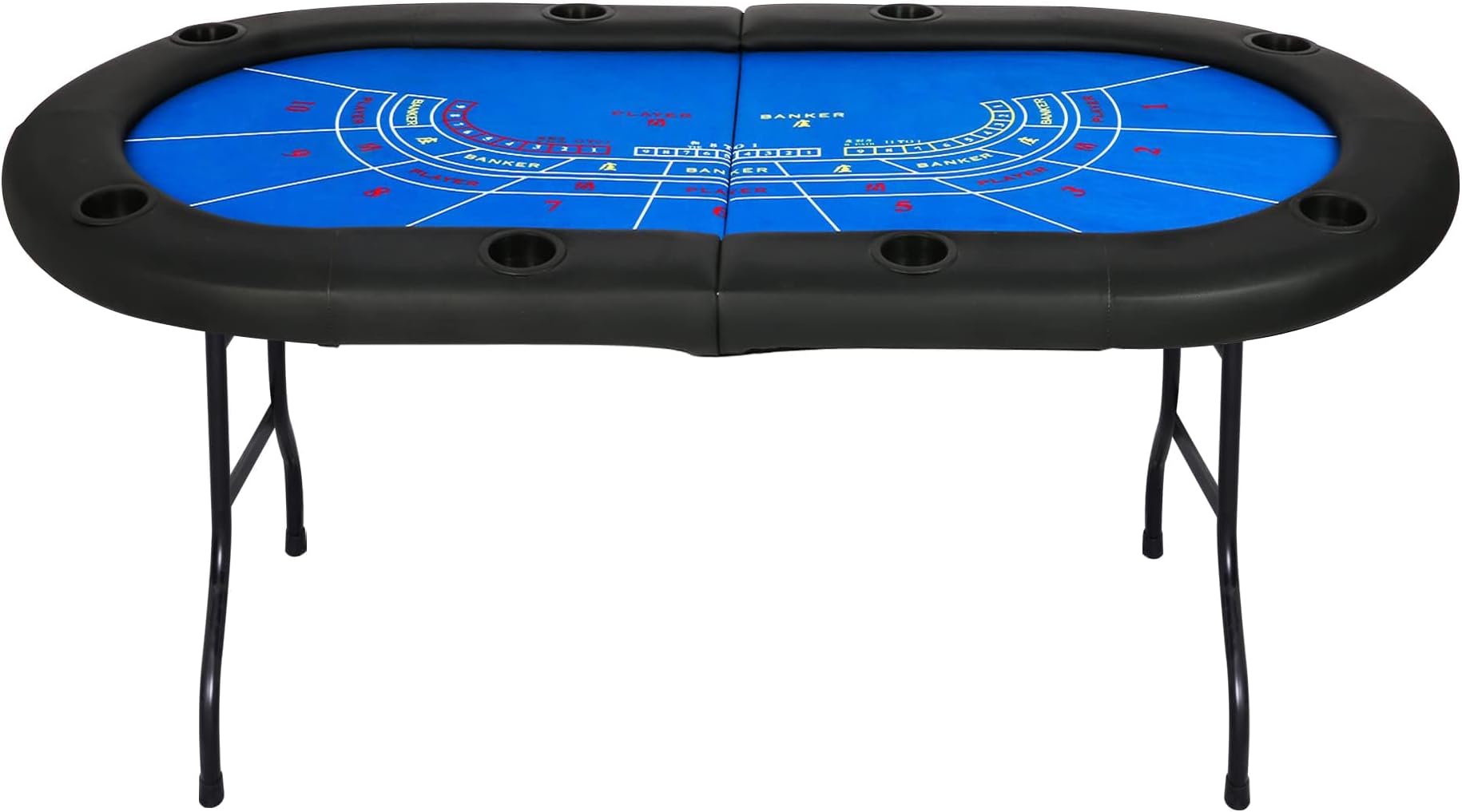 Upgrade 8 Player Poker Table for Blackjack Card Game, Foldable Texas Hold'em Table, Portable Casino Table for Game Room with Plastic Cup Holder, Padded Rails, Blue Felt Surface