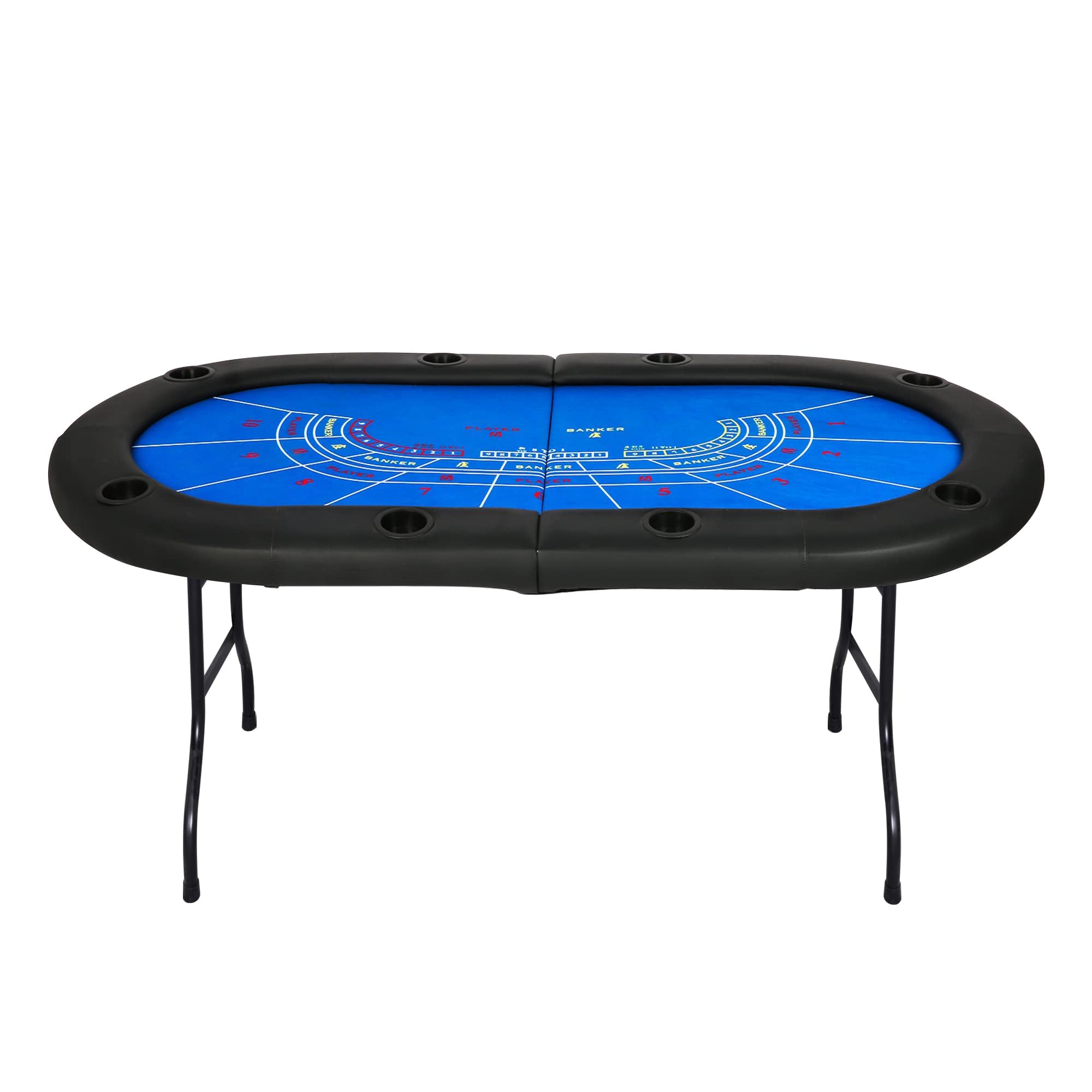 Upgrade 8 Player Poker Table for Blackjack Card Game, Foldable Texas Hold'em Table, Portable Casino Table for Game Room with Plastic Cup Holder, Padded Rails, Blue Felt Surface