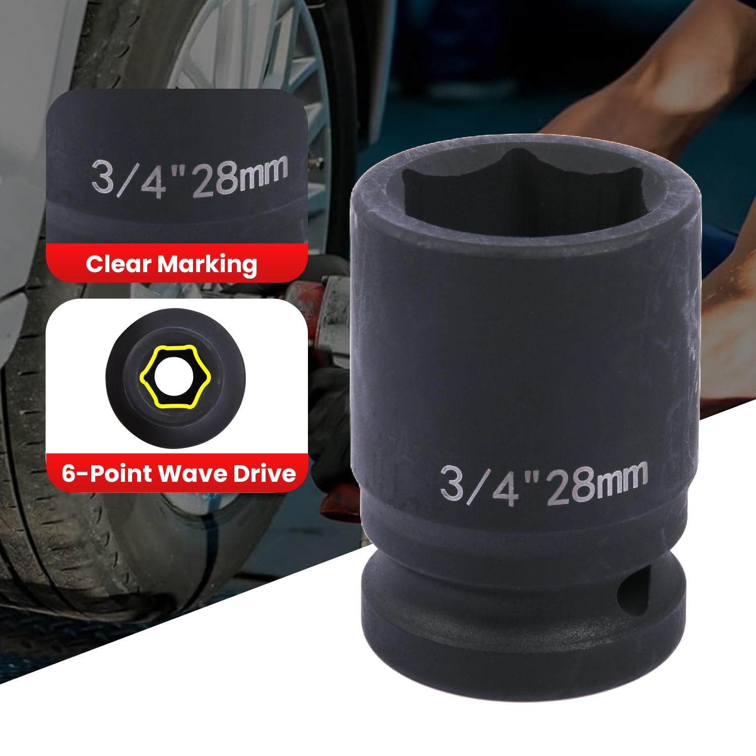 Deep 6-Point Impact Socket 3/4" Drive 28mm,Chrome Molybdenum Steel, Anti-Rust Metric Hex Socket for Car Repairs and Impact Wrench - Image 3