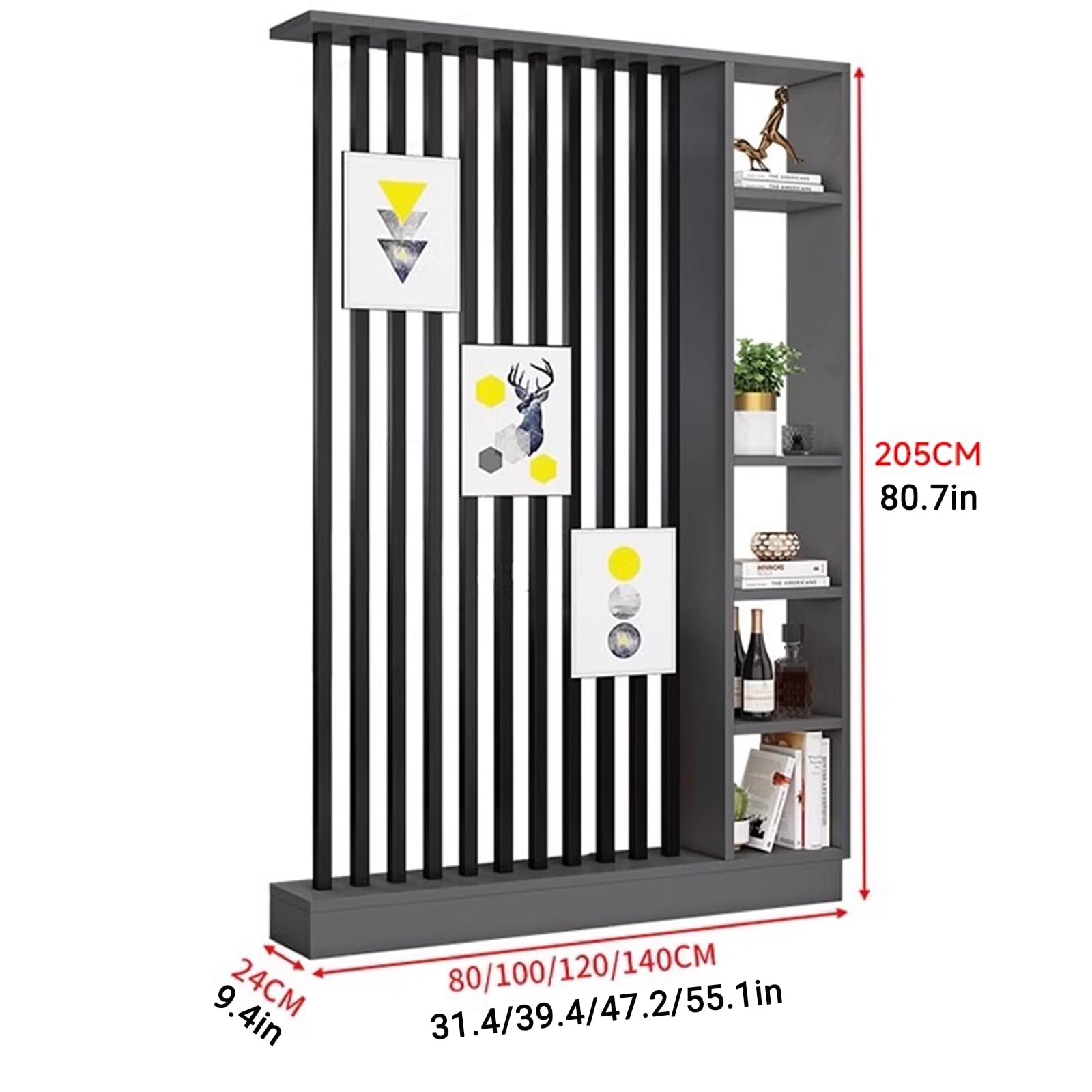 Divisorio indipendente con ripiani portaoggetti, divisorio in legno per decorazione casa e ufficio, scaffale aperto, 120 cm