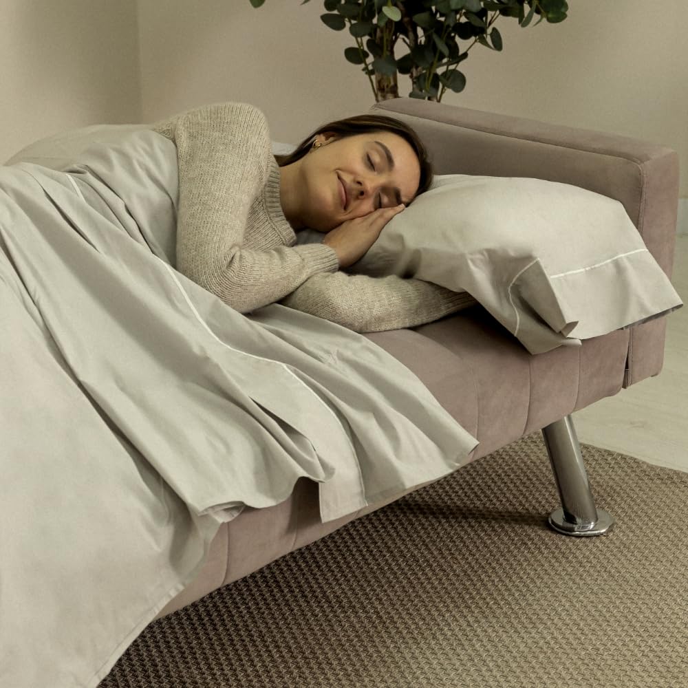 Nalui - Canapé Convertible 3 Places 210x80x79cm One Lines Clic Clac en Tissu Velours avec Pieds en Métal | Inclinaison Arrière | Comprend 2 Coussins | Beige