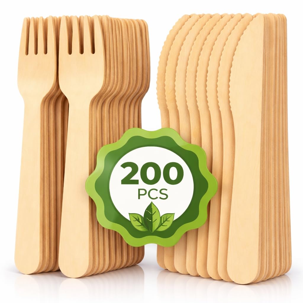 Sabco 200pcs Wooden Cutlery Set – 100 Forks & 100 Knives | Premium Birch Wood Disposable Cutlery | Biodegradable, Eco-Friendly, Sturdy & Smooth Wooden Knives and Forks for Parties, Events & Catering