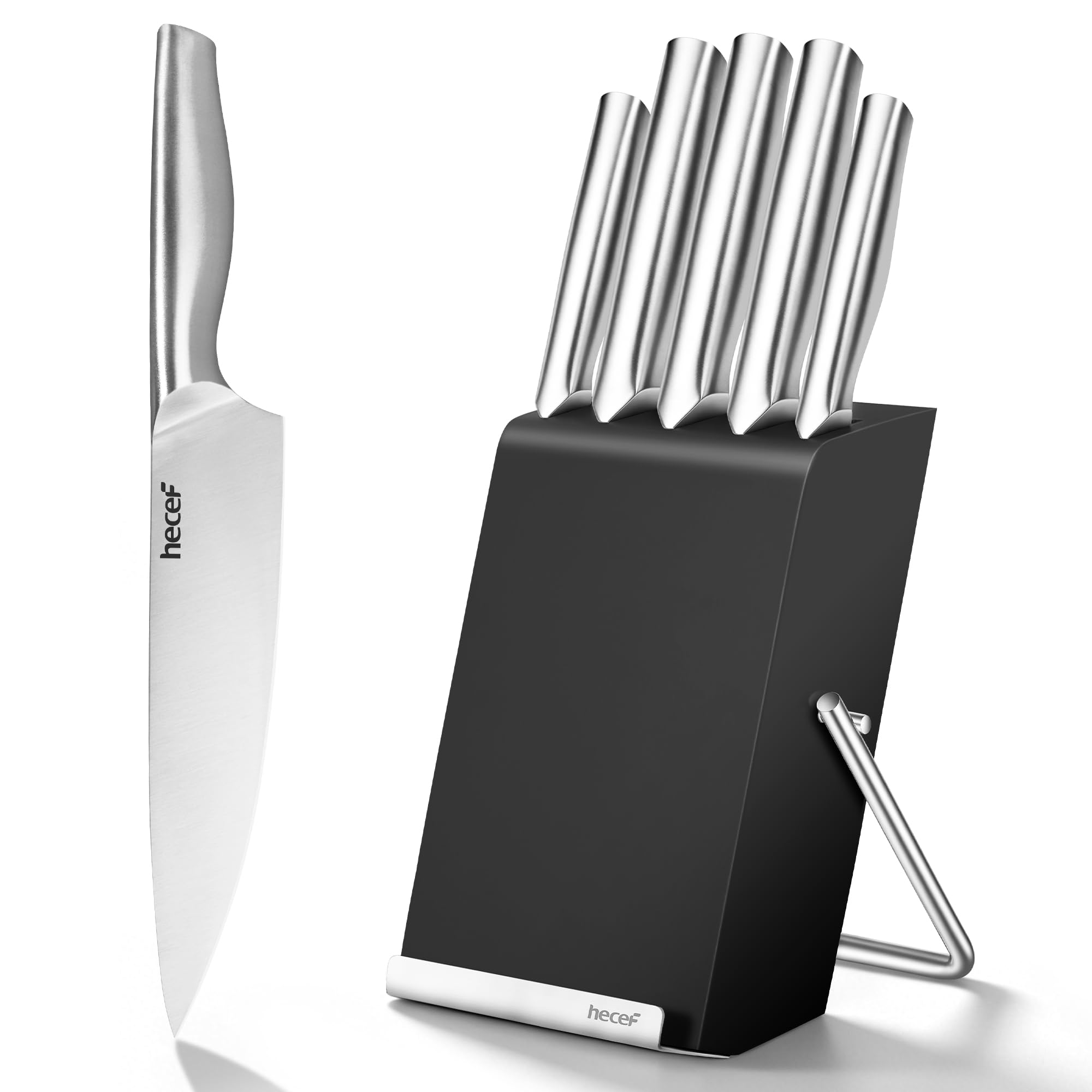 hecef Cuchillos Cocina con Bloque de Madera 6 Piezas, Acero Inoxidable Facas de Cozinha, Bloque de Cuchillos con Estante para Tabla de Cortar, Negro