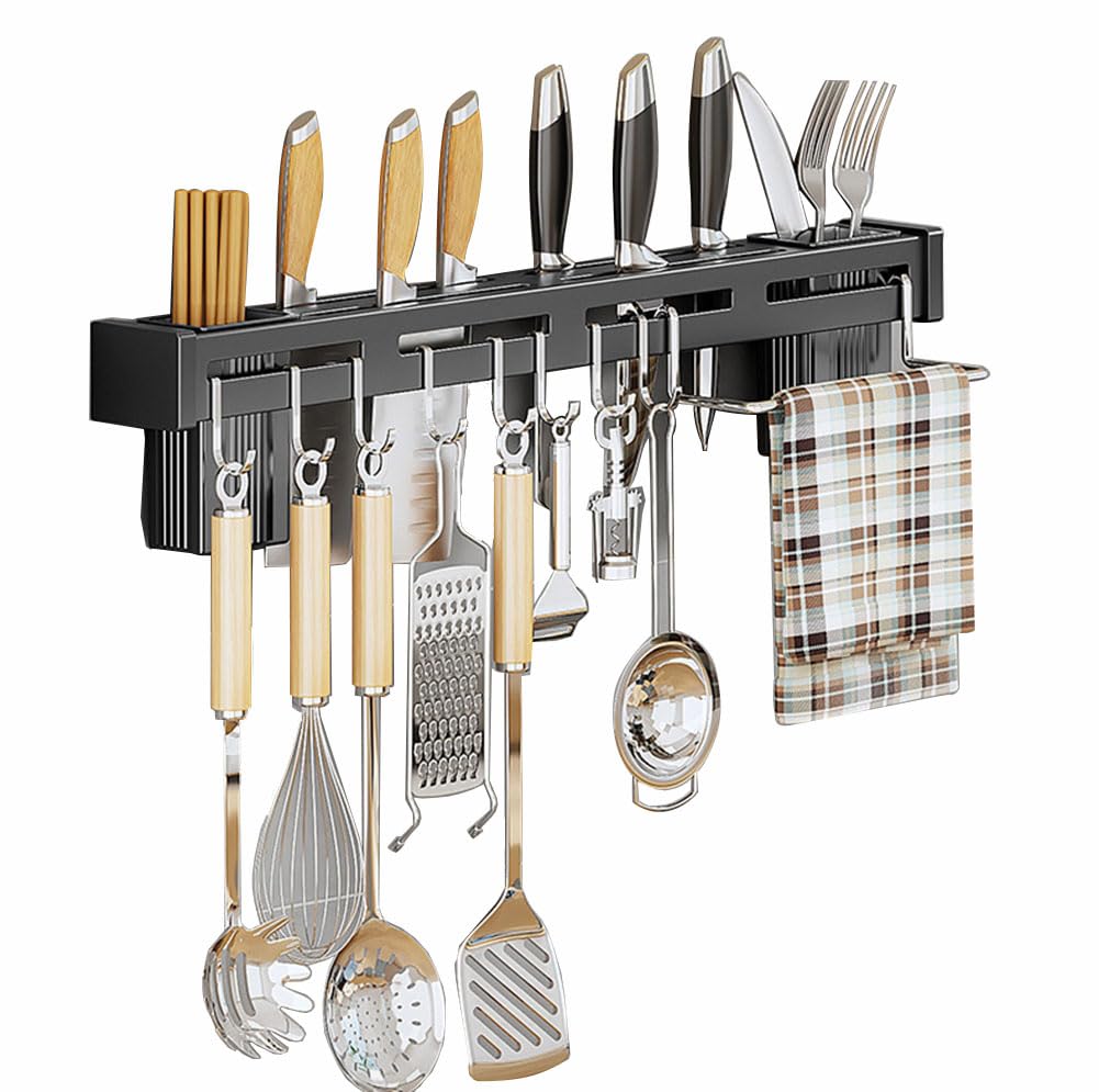 CYlovinho Wall Mounted Knife Holder, Stainless Steel Wall Mounted Multifunctional Kitchen Utensils for Hanging Knives, Spoons, Chopsticks, Towels (Black, 11.8''*2.16'')