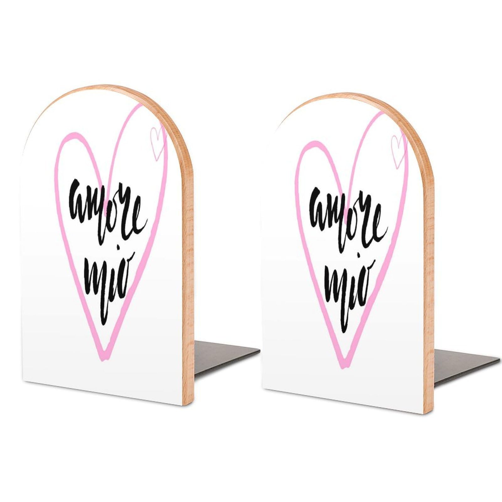 My Love in Italian Language with A Heart Drawn Pencil Sketch Beech Wood Bookends Heavy Duty Book Organizers Desktop File Holder for Office Home Bookshelf