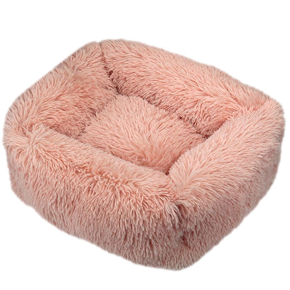Hiseng Soft Fluffy Dog Bed, Simple Solid Color Self-Warming Cat Bed Washable Square Dog Beds Medium, Plush Anti-Slip Bottom Donut Cat Beds for Indoor Cats (L 80x65cm,Coral Pink)