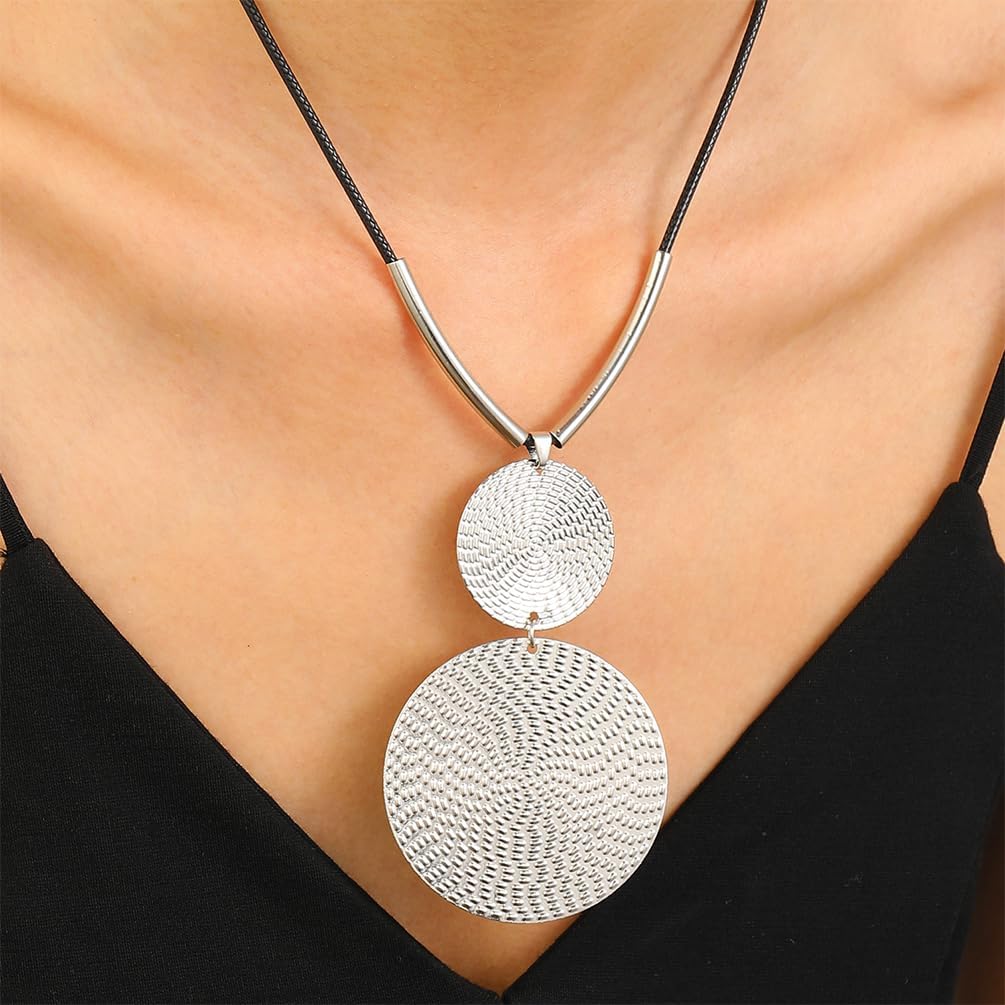 Boho Gold Textured Double Round Disc Pendant Choker Necklace for Women Trendy, Statement Silver Tube Long Rope Necklaces Y2K Prom Party Jewelry Gifts - Image 4