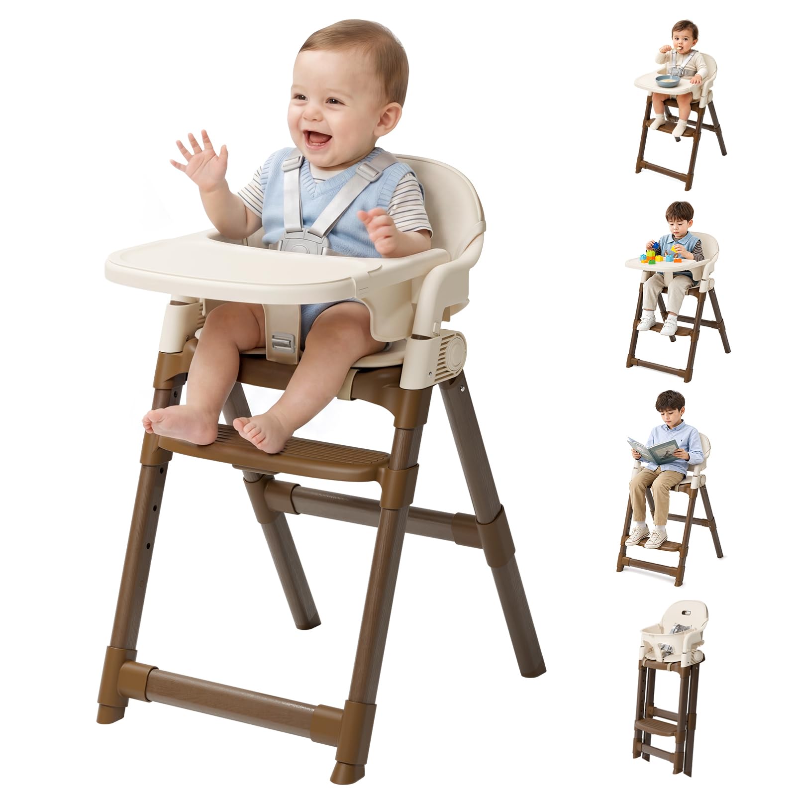 High Chair for Babies and Toddlers, Convertible Baby High Chair with Easy Clean Removable Tray, Multi-Use Foldable Highchair with Adjustable Legs (