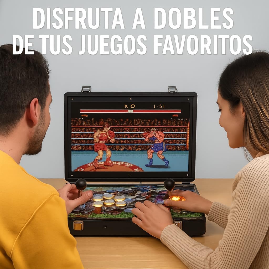 Arcade portatil con Monitor de 17 Pulgadas , 6 Botones Arcade por Jugador, Incluye Bateria para Juego portatil sin Cables, Consola Ideal para Viaje, Preparado para encender y Jugar