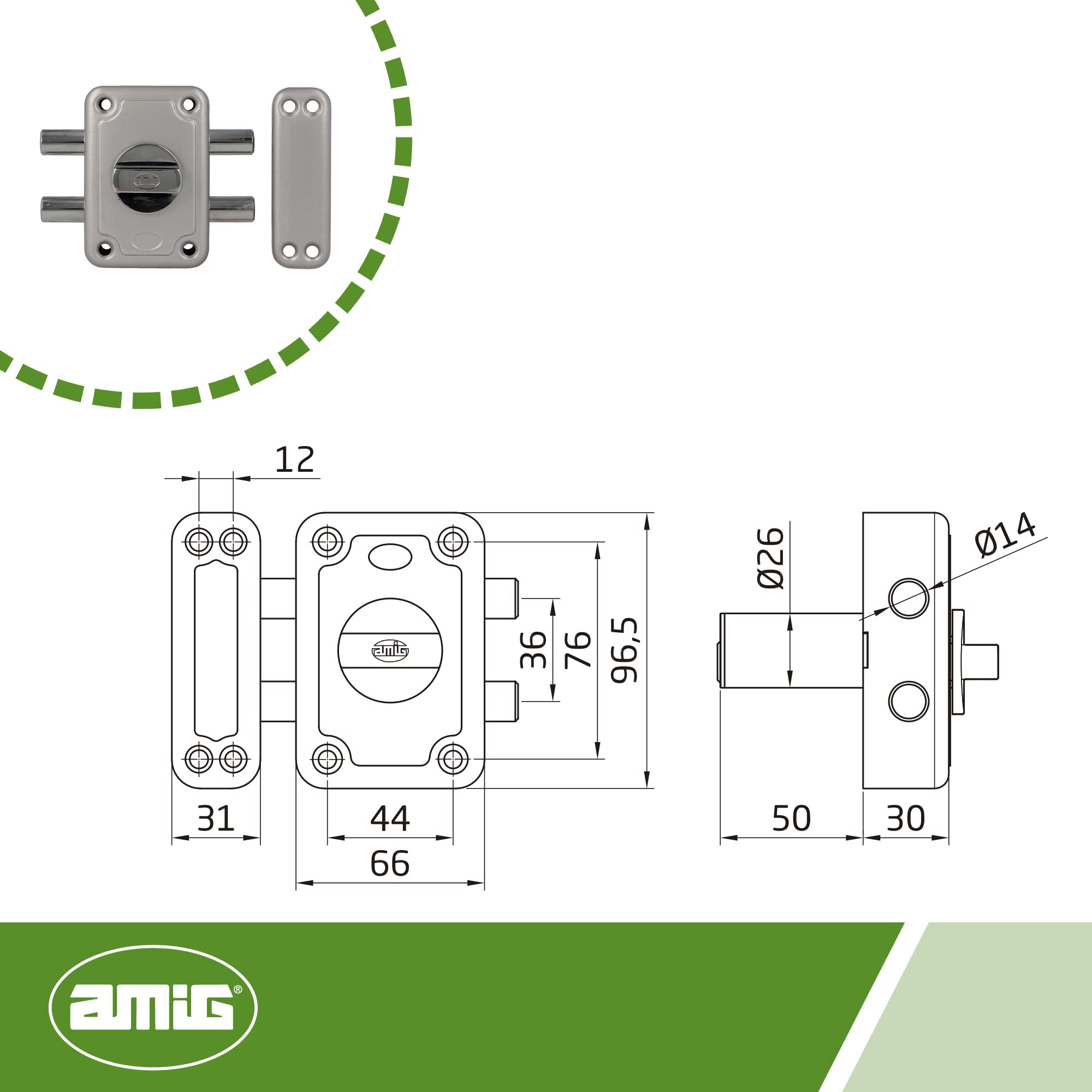 Amig - Cerradura de Sobreponer con 2 Bulones de Cierre y Muletilla Interior para Puertas de Madera Mod. 82-96 x 66 mm - Pestillo Con Cilindro Redondo de Seguridad - Acero Esmaltado Plata