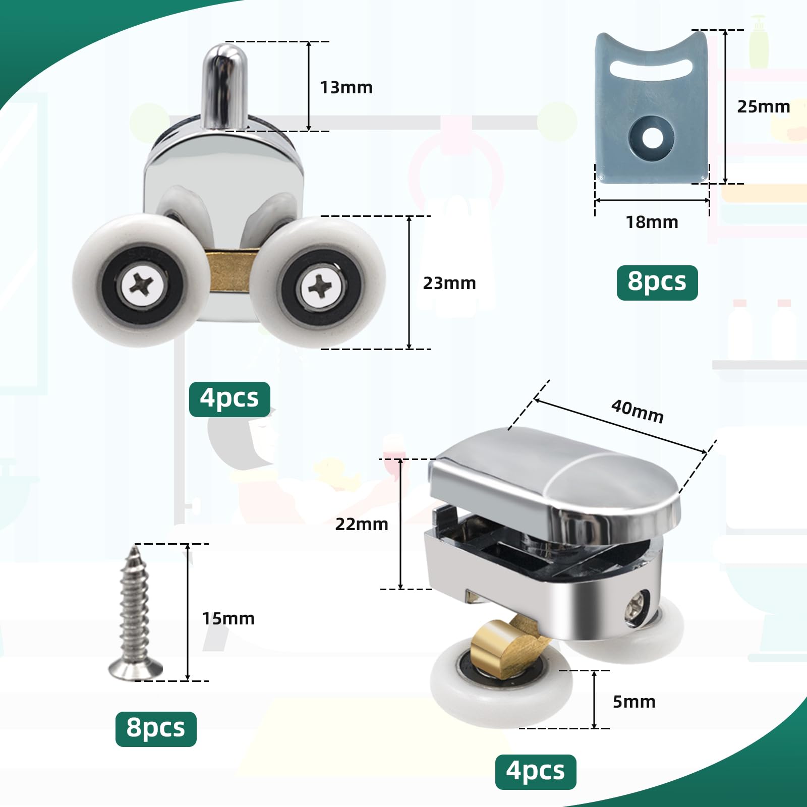 Rolki do Drzwi Prysznicowych 23 mm, do Szkła o Grubości 4-6 mm, do Kabiny Prysznicowej, Przesuwne (4 Górne i 4 Dolne)