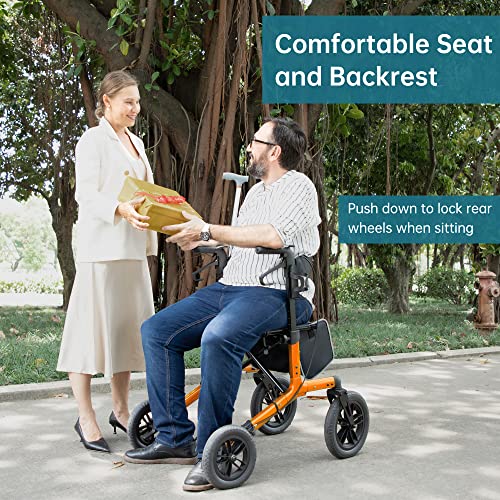 Image of ELENKER All-Terrain Rollator Walker with Non-Pneumatic Tire 12 inch Front Wheels, Compact Folding Design for Seniors (Orange)