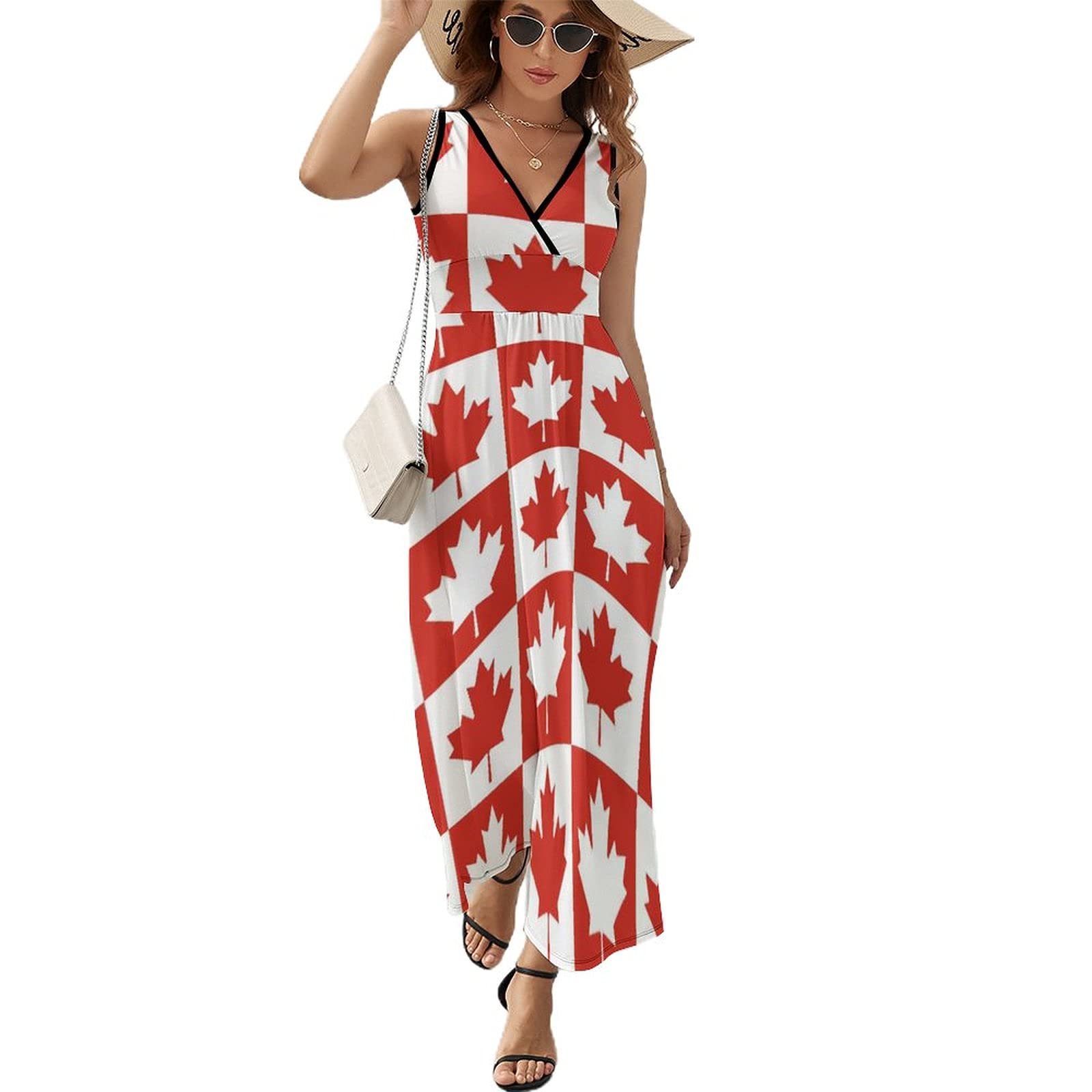 BAIKUTOUAN Maple Leaf Canada CA Flag Long Dress for Women Summer Printed Sleeveless