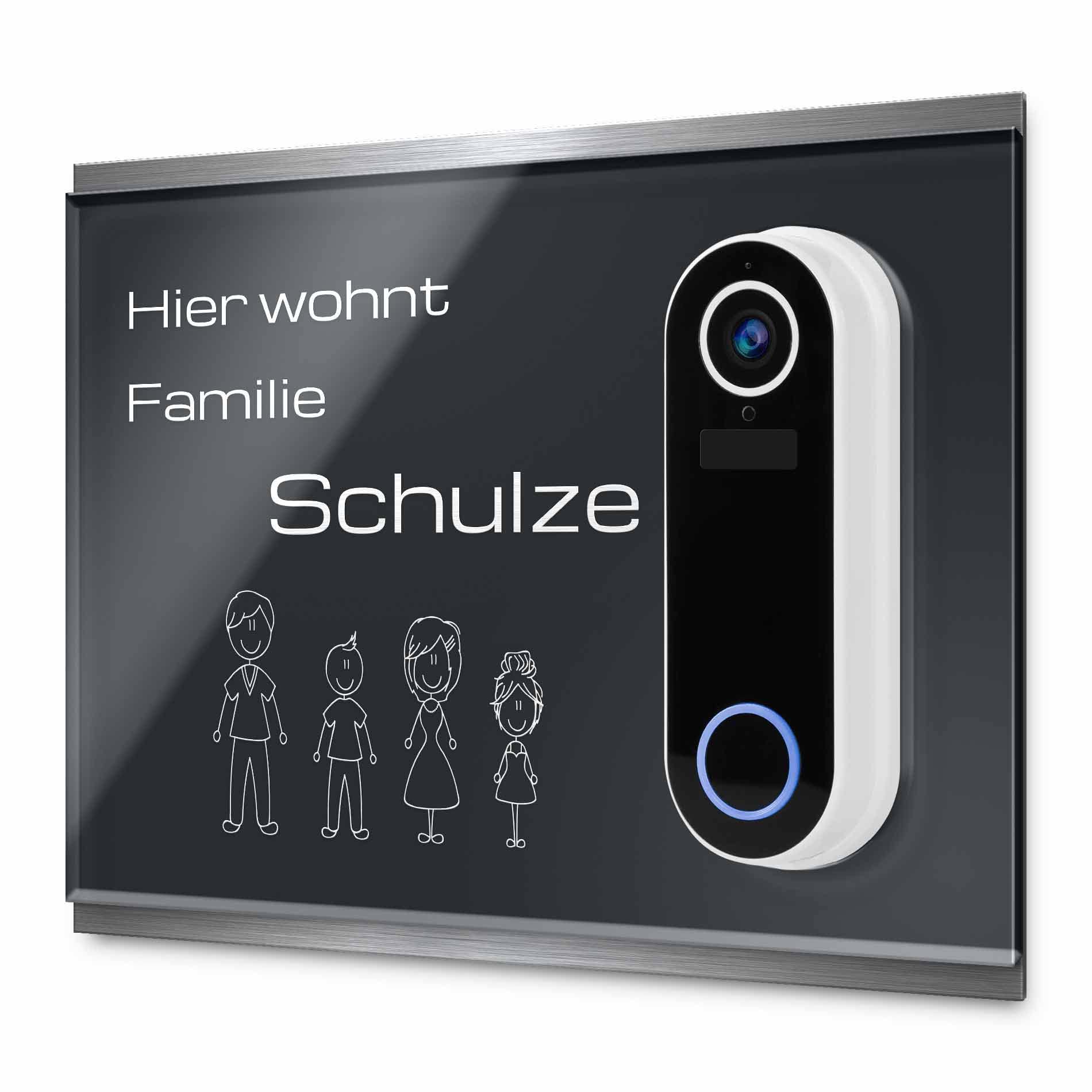Modernes Klingel Schild für Hombli Smart Doorbell Türklingel - personalisiertes Türschild aus Edelstahl & Acrylglas | kompatibel mit Video Funk Klingel - Funkklingel Zubehör (24x20 cm)