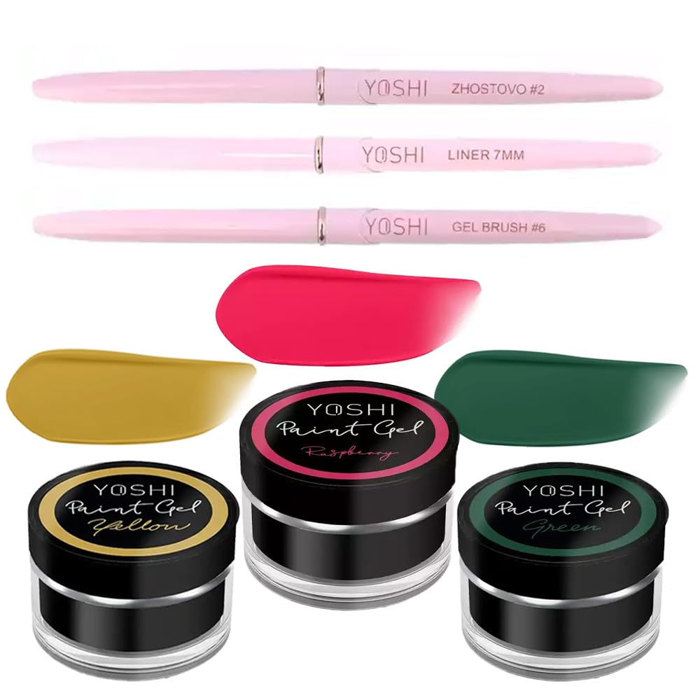 Yoshi - Set per nail art, colore verde e giallo, con pennello gel, Liner & Zhostovo, perfetto per nail art creativo