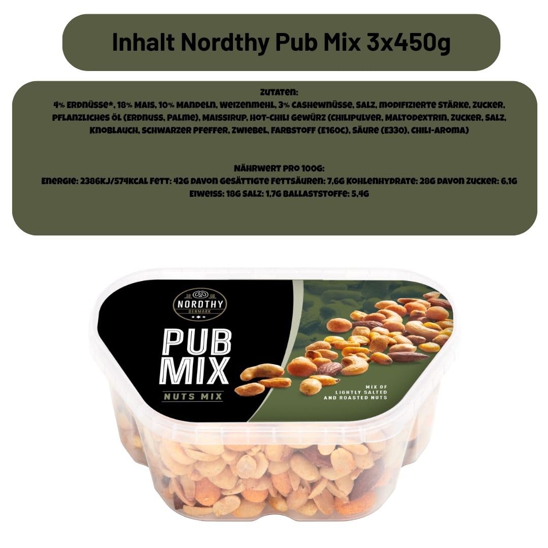 Nordthy Pub Mix 3×450 g | Herzhafter Party-Snackmix mit Nüssen, Salzgebäck & Crunch | Vorratspack 1,35 kg | Ideal für Party, Büro & Filmabend | Dänische Marke