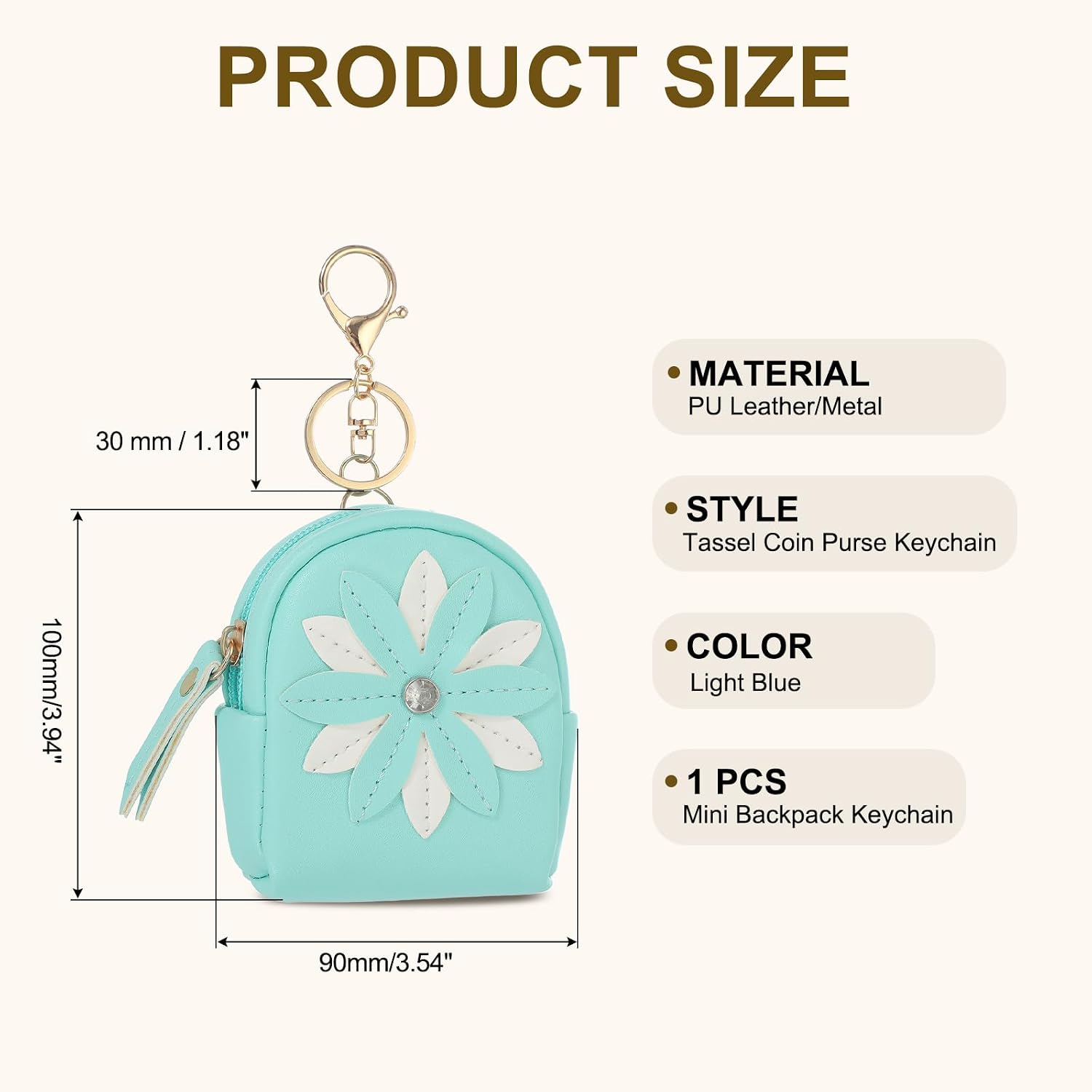 PATIKIL Mini Backpack Keychain for Women, Creative Cute Flower Rhinestone Pendant Bag PU Leather Keyrings for Makeup Key Card Data Cable Organizer Zipper Pouch, Light Blue image 2