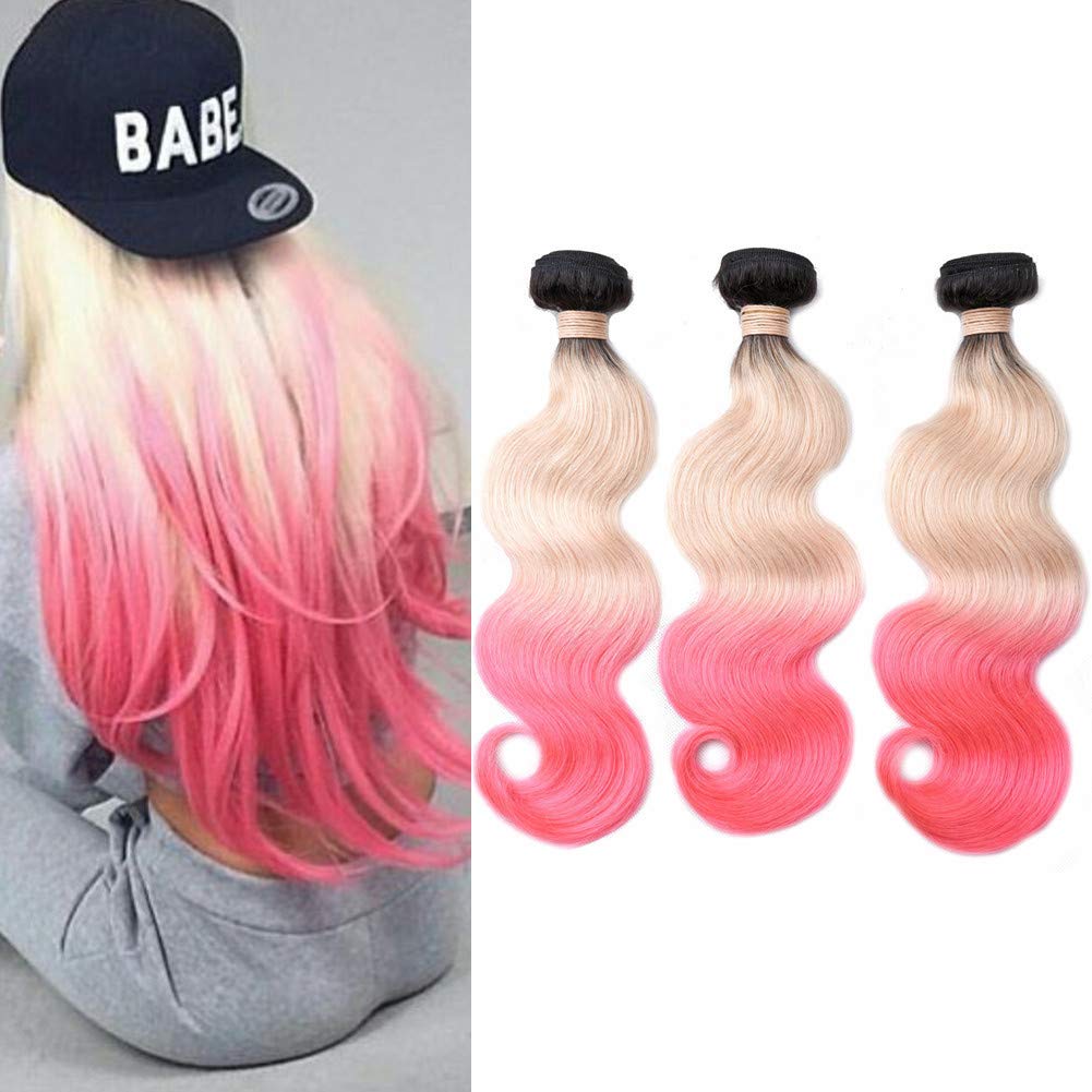 Amazon.com : Tony Beauty Hair Dark Roots Blonde to Pink Ombre Straight  Human Hair Bundles 3 Tone Ombre Virgin Peruvian Hair Weave Wefts #1B/613/ Pink Ombre Human Hair Extensions 3/4 Bundles Lot (14