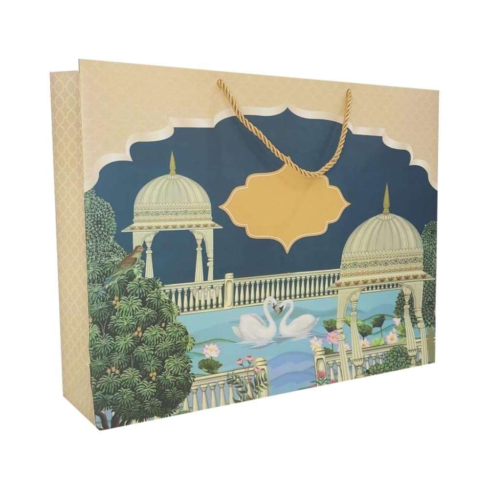 Artemisia-Design Studio by Dewangi Jhaveri Jharokha Paper Bags for Return Gifts, Birthday Return Gifts for All Age Groups Size 10x12x4 inch Blue Swan (Pack of 5)