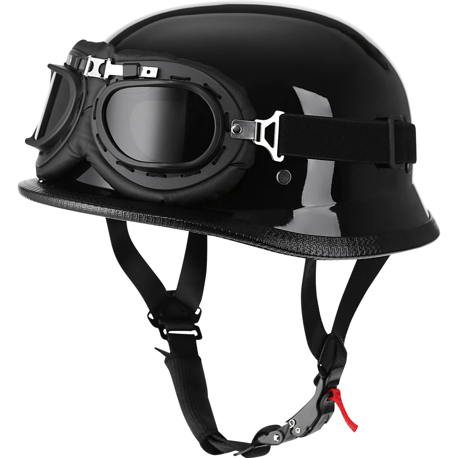 Yesmotor Helmet Half Shell German Motorcycle Helmet with Cycling Glasses - DOT Approved (Large, Light Black & Black)