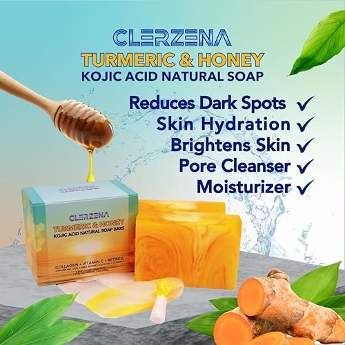 Miniatura 2 de Barras de jabón de ácido kójico y cúrcuma para manchas oscuras, aceite de miel, vitamina C y E, colágeno y retinol, tratamiento de manchas para