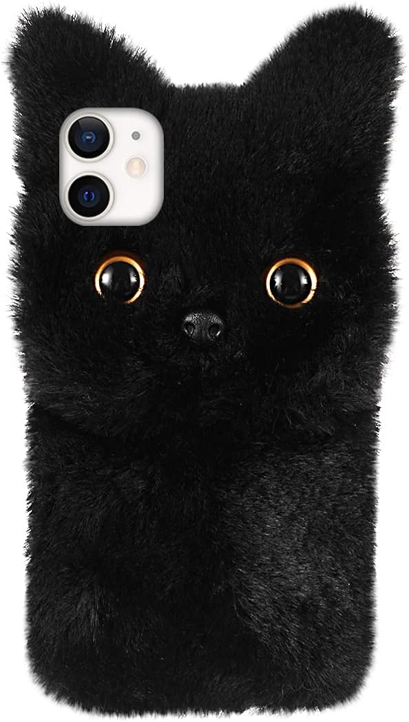 Mikikit Plush Cell Phone Case for 12 Mini Cute Cat Furry Protective Cover Soft TPU & Plush Material Shockproof Design for Kids and Women