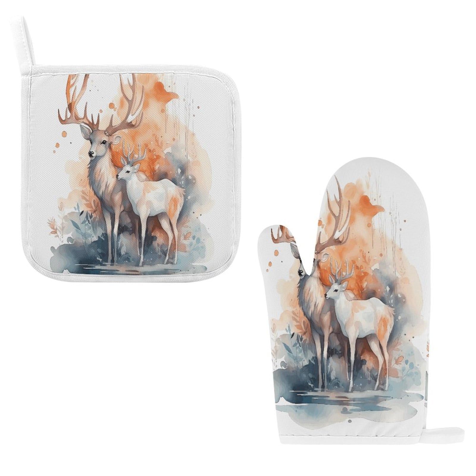 Btcowzrv Style Hand Drawn Deer Oven Mitts And Pot Holders 2Pcs Set