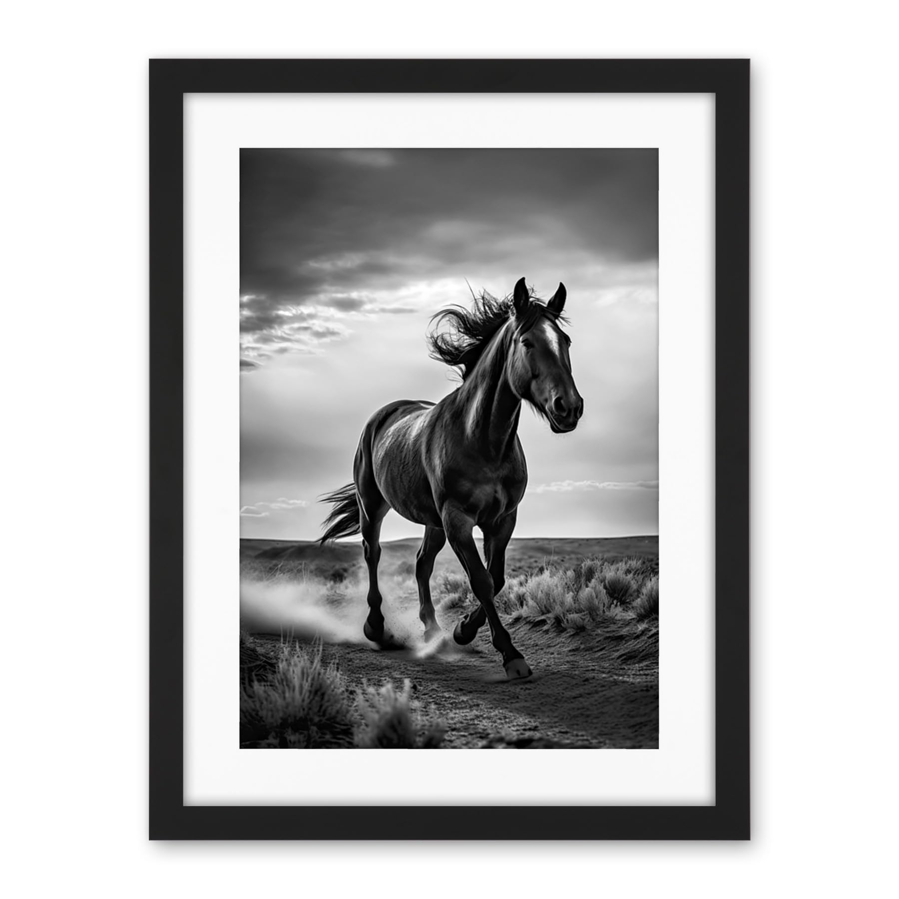 Artery8 Horse Galloping Desert Landscape Black and White Artwork Framed Wall Art Print 18X24 Inch