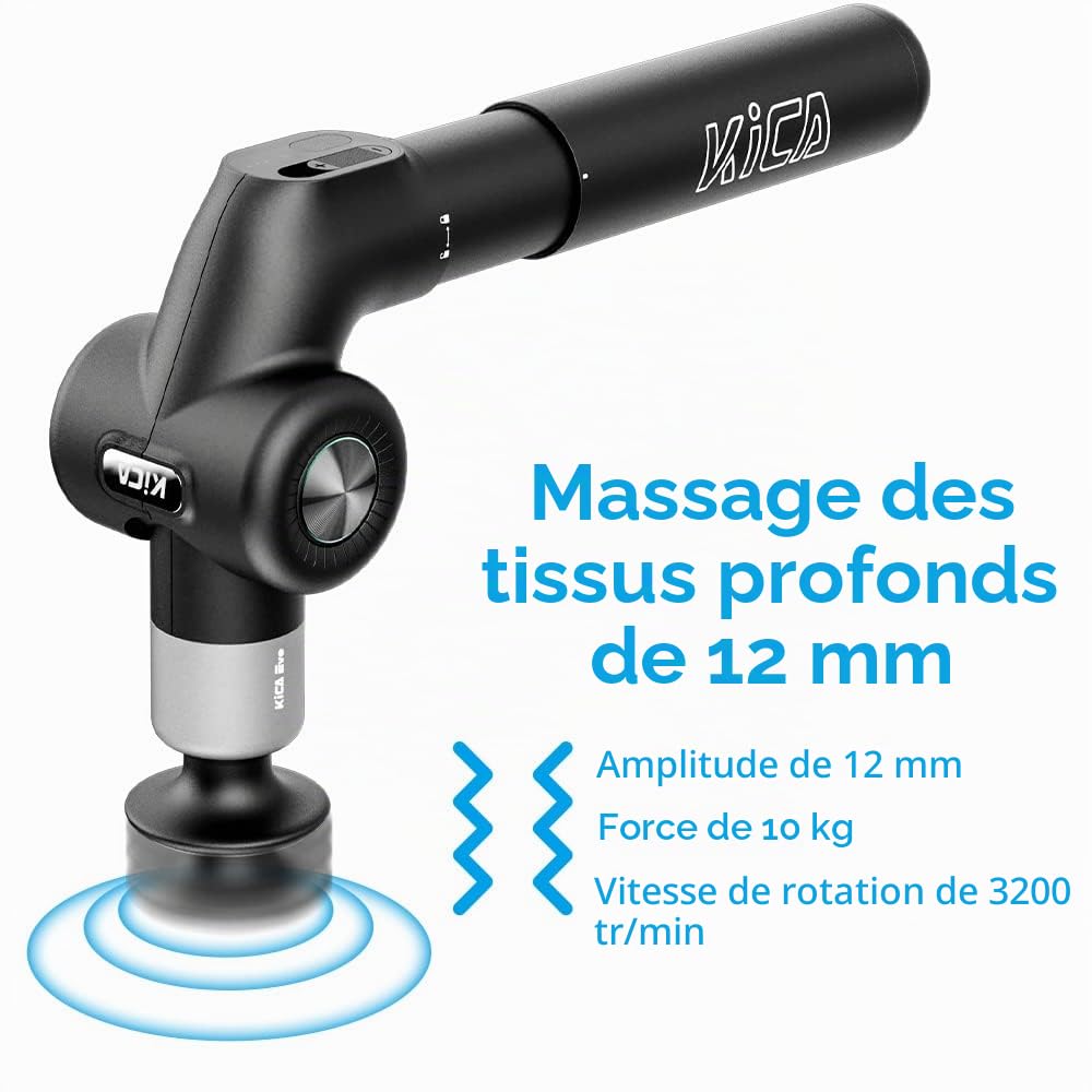Kica Evo Pistolet de Massage Musculaire,Masseur de tissus profonds avec 6 têtes remplaçables 3200 RPM Amplitude 12 mm,Soulager Douleurs Musculaires