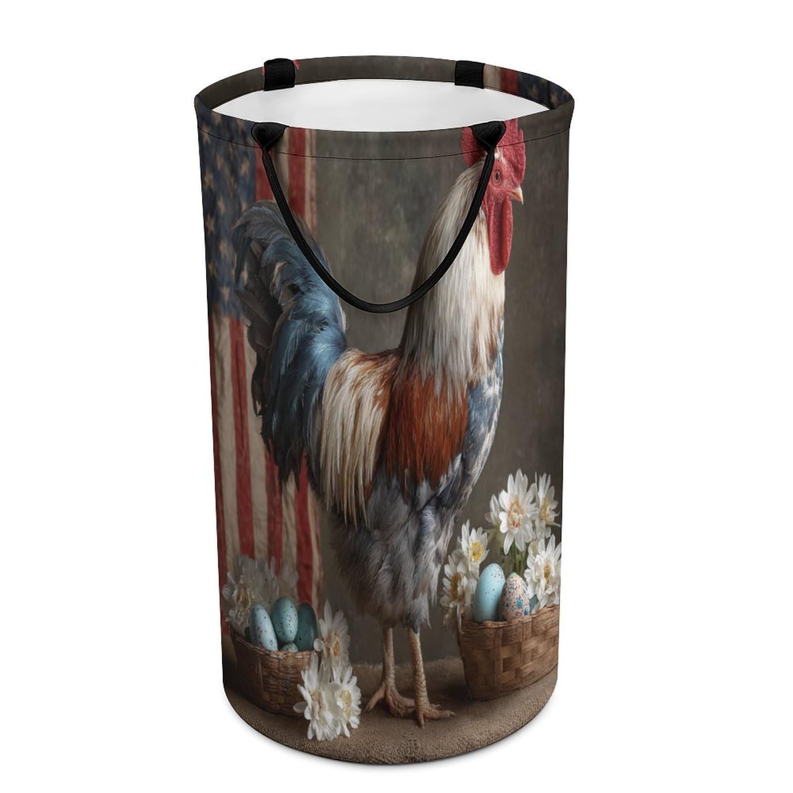 LUYYSKY Beautiful Classic Animal Chicken Versatile Storage Laundry Basket, Realistic Patriotic American Flag Daisies Flowers Animal Rooster Large Capacity Bathroom Hamper With Handle