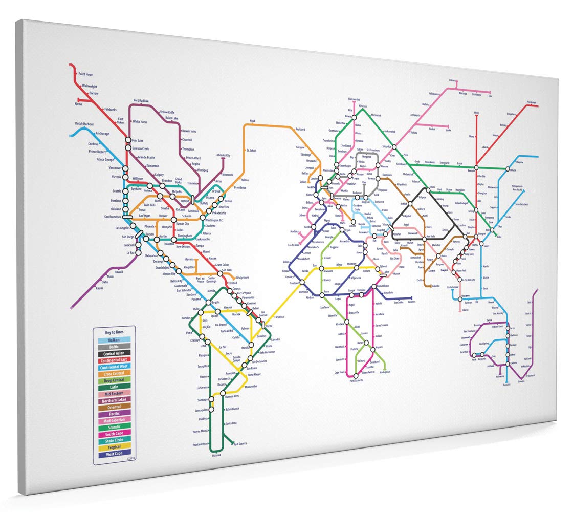 World Map in the style of a Tube, Metro, Subway, Underground System, Canvas Art Print, 22x34 inch (A1) - 596