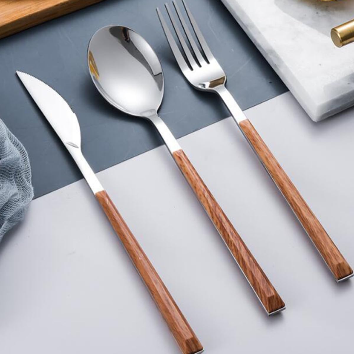 Fork Spoon Cutter Set Imitation Wood Handle 3Pcs Stainless Steel
