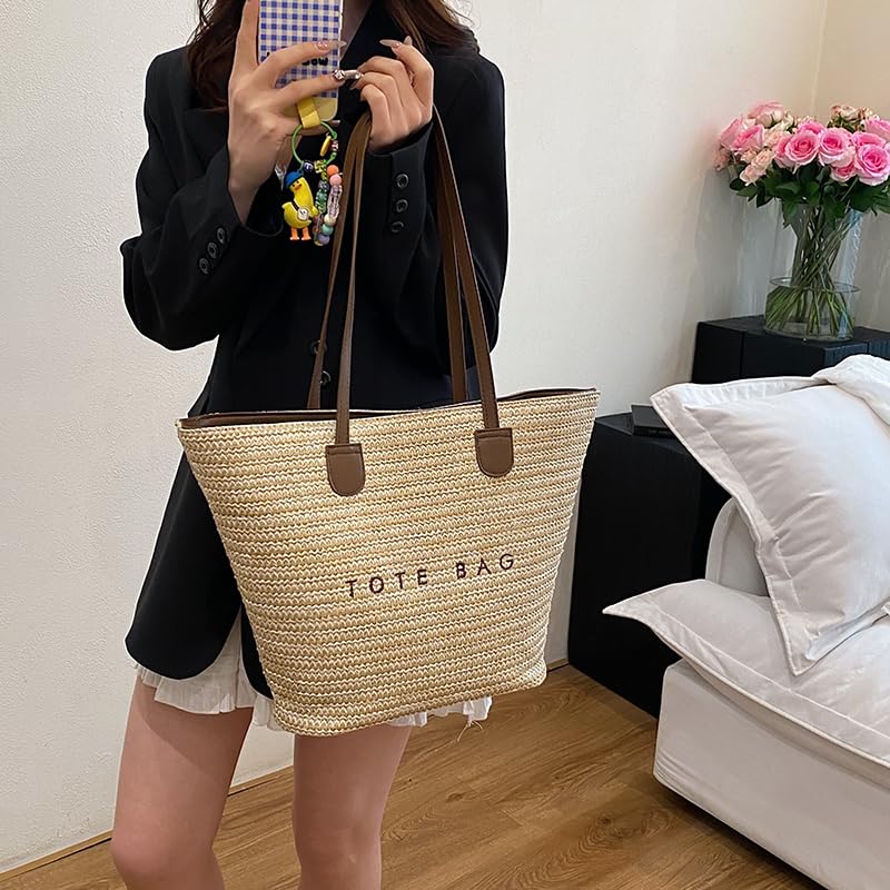 Women Elegant Woven Handbag Large Capacity All-Match Shoulder Bag Wear Resist Seaside Straw Shoulder Bag Travel Vacat4