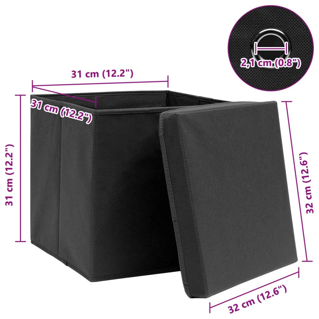 ACAGALA 4er Set Aufbewahrungsboxen Stoff 32x32x32 cm, Faltbare Boxen mit Deckel & Metallöse, Würfel Aufbewahrungsbox für Regal & Kleiderschrank, Schrank Organizer für Kleidung, Socken, Schwarz
