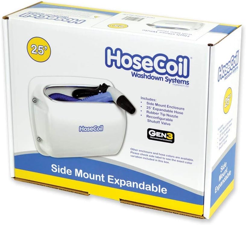 HoseCoil Hose Coil HCE25SW-BLUE Side Mount Expandable Enclosure W/25&39; Blue Hose, Shutoff Valve & Rubber Tip Nozzle