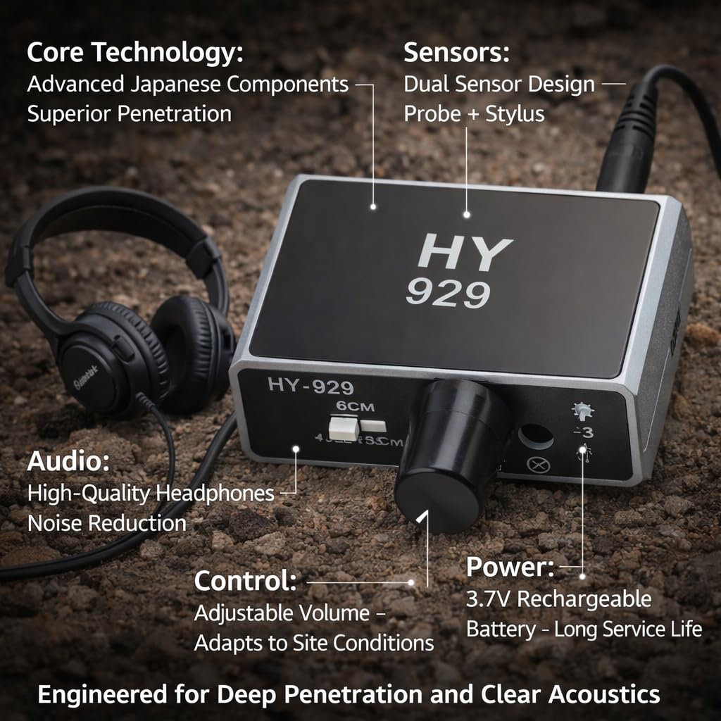HY 929 Détecteur de Fuite D'eau, Kit D'accessoires de Détecteur de Fuite de Conduite D'eau à Haute Intensité Moniteur de Fuite de Conduite D'eau Souterraine avec écouteurs