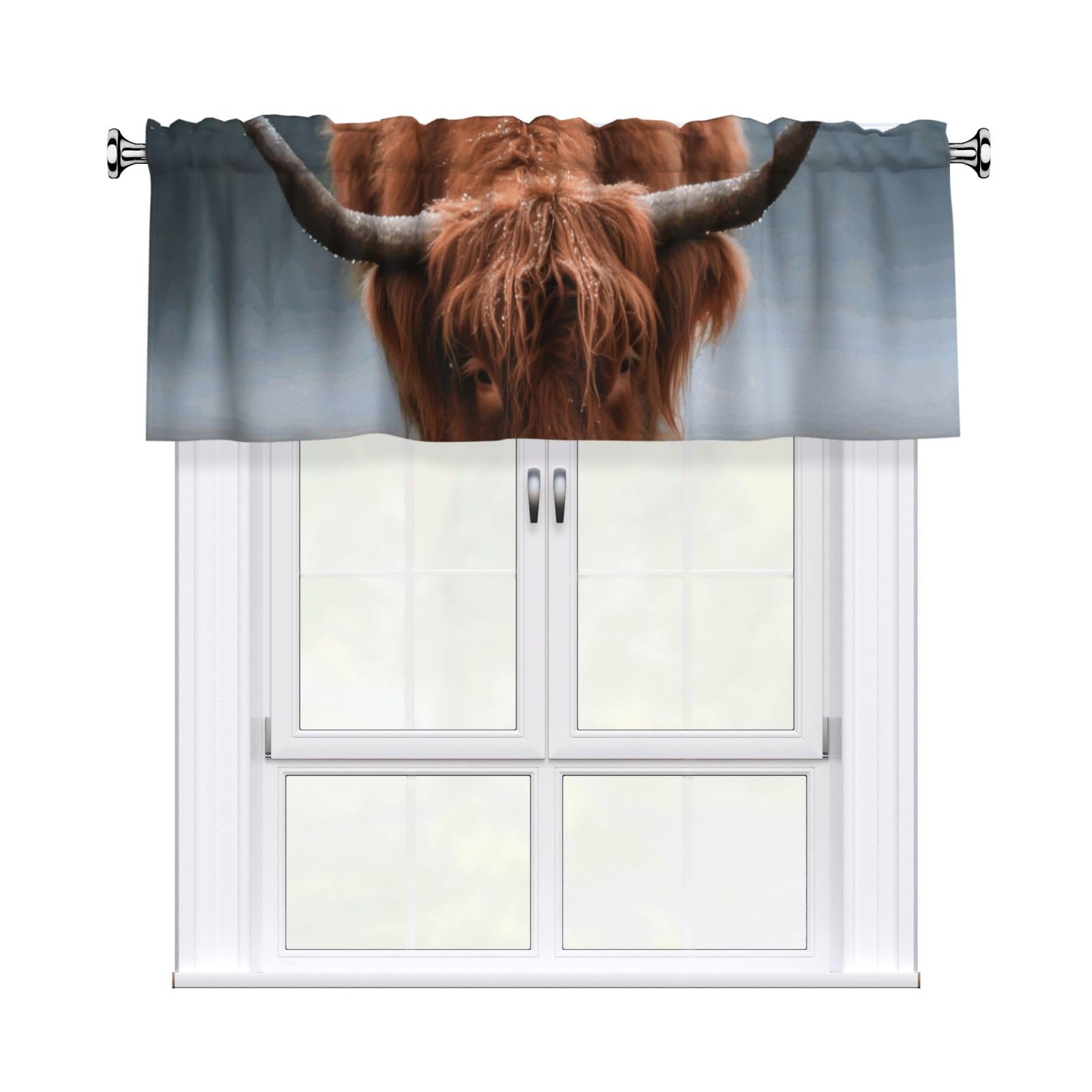 FekiLoot Highland Cow Curtain Valance for Windows, Kitchen Window Valances Rod Pocket Window Treatments Short Curtains Drapes for Bathroom Bedroom Cafe Decor 54x18inch 1 Panel