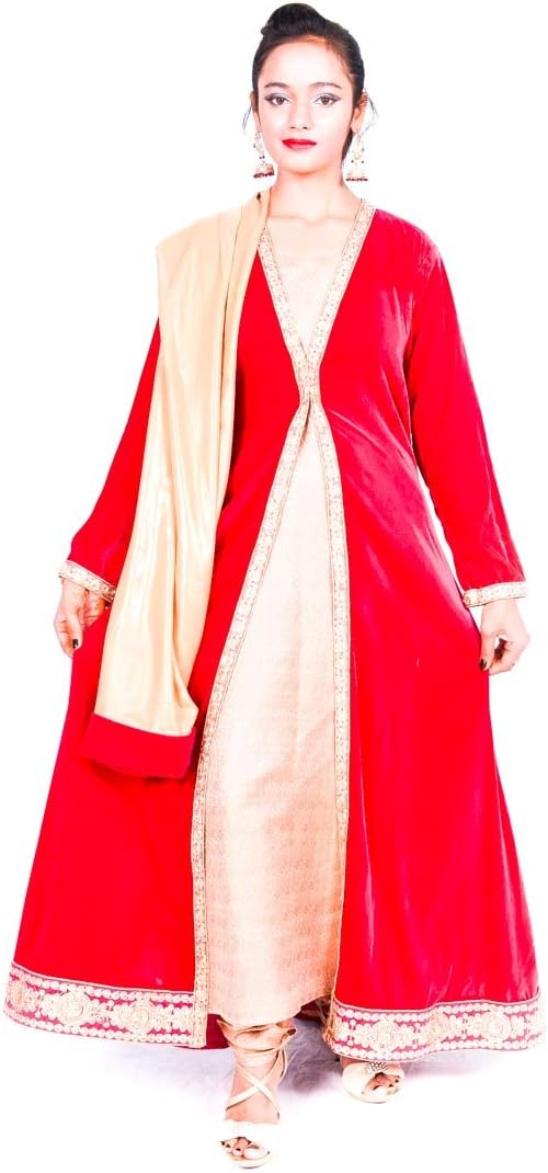 Anarkali Salwar Kameez Stitched Dress Large Red & Golden