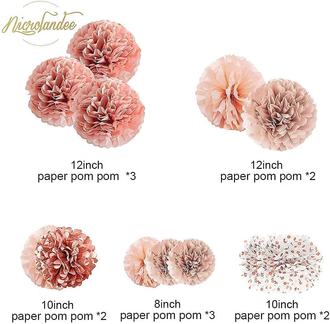NICROLANDEE Wedding Decorations - 12 PCS Rose Gold Burnt Coral Tissue Paper Pom Poms and 8 Rolls Rose Gold Crepe Paper Streamers for Wedding Bachelorette Party Birthday Baby Bridal Shower Decorations