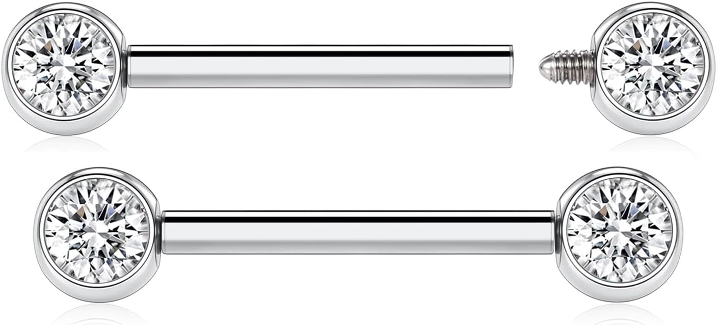 AROWRO Nipple Piercing Jewelry Nipple Rings Titanium Nipple Rings Implant Grade Hypoallergenic 14G Internally Threaded Straight Barbells with Cubic Zirconia Opal Gold Silver Rose Gold Black 12mm 14mm 16mm 18mm 20mm